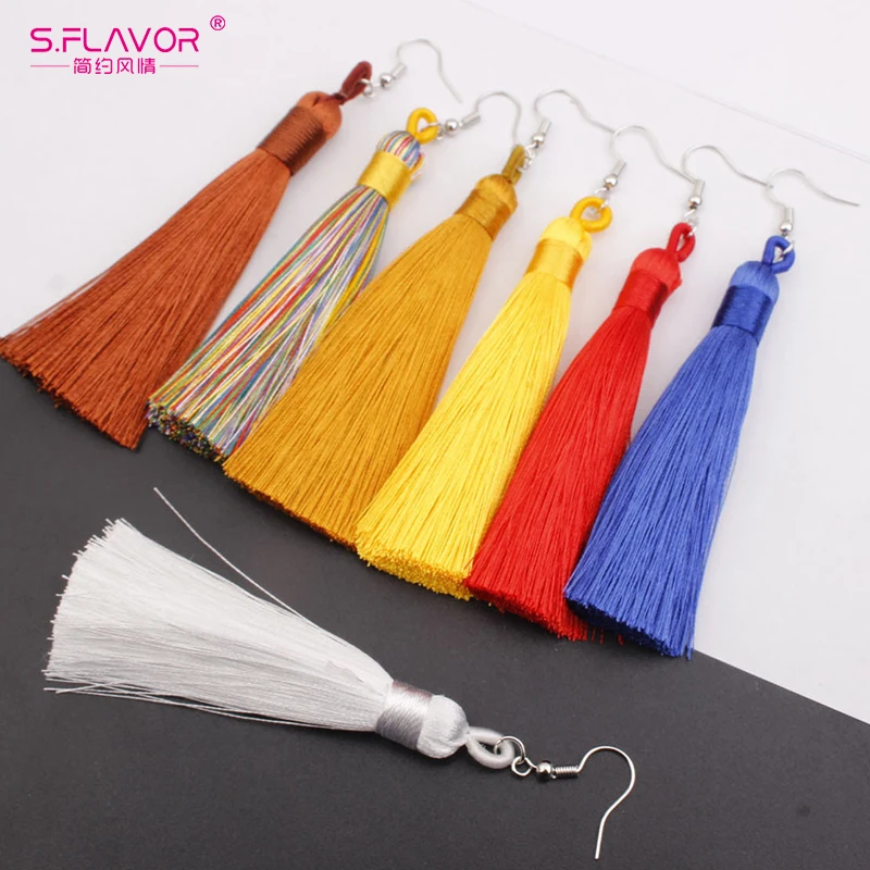 

S.FLAVOR Fashion Bohemian Tassel Crystal Long Earrings Black White Red Colorful Drop Dangle Tassel Earrings For Women Jewelry
