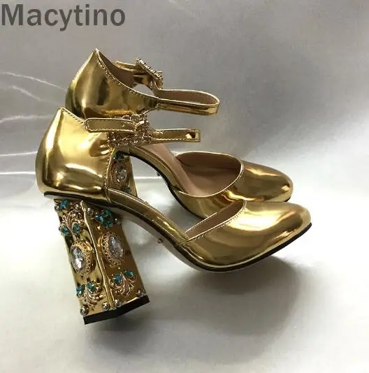 Macytino/Новинка года; роскошные золотистые туфли-лодочки; женские свадебные туфли на высоком каблуке 10 см; Туфли на каблуке с ремешком на щиколотке, украшенные стразами - Цвет: Золотой