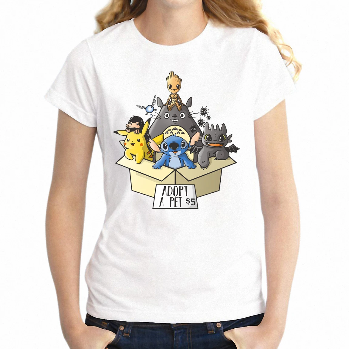 

New Women's T-shirt Adopt A Pet Pikachu Groot Toothless Geek Shirt Girl's tshirt Harajuku Streetwear tees tops
