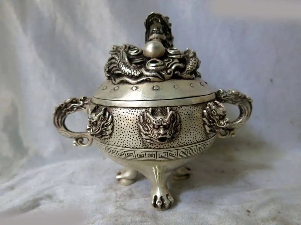 

7" China Silver fine carved lucky nine dragons censer incense burner Statue