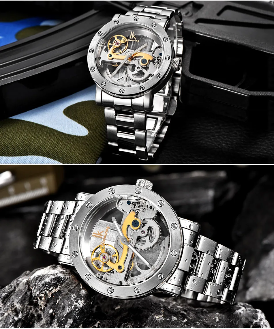 Ik-ветряные автоматические механические часы для мужчин лучший бренд класса люкс розовое золото корпус из натуральной кожи Скелет часы relogios masculino