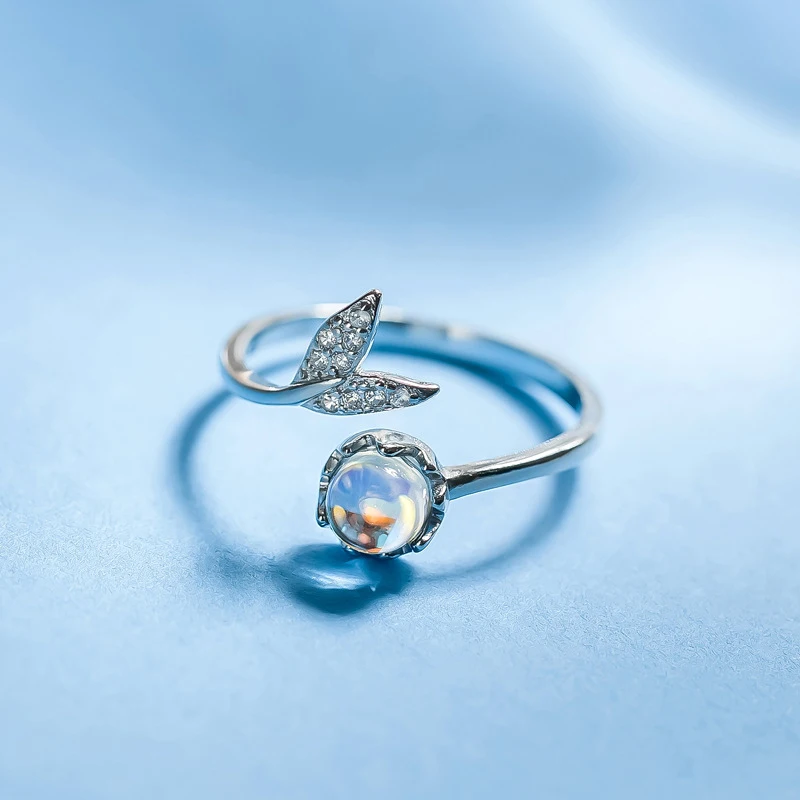 Милое кольцо принцессы русалки с кристаллами, кольцо из стерлингового серебра с хвостом русалки, кольцо с голубым лунным камнем, открытые манжеты, кольцо для девочек в подарок - Цвет основного камня: Blue