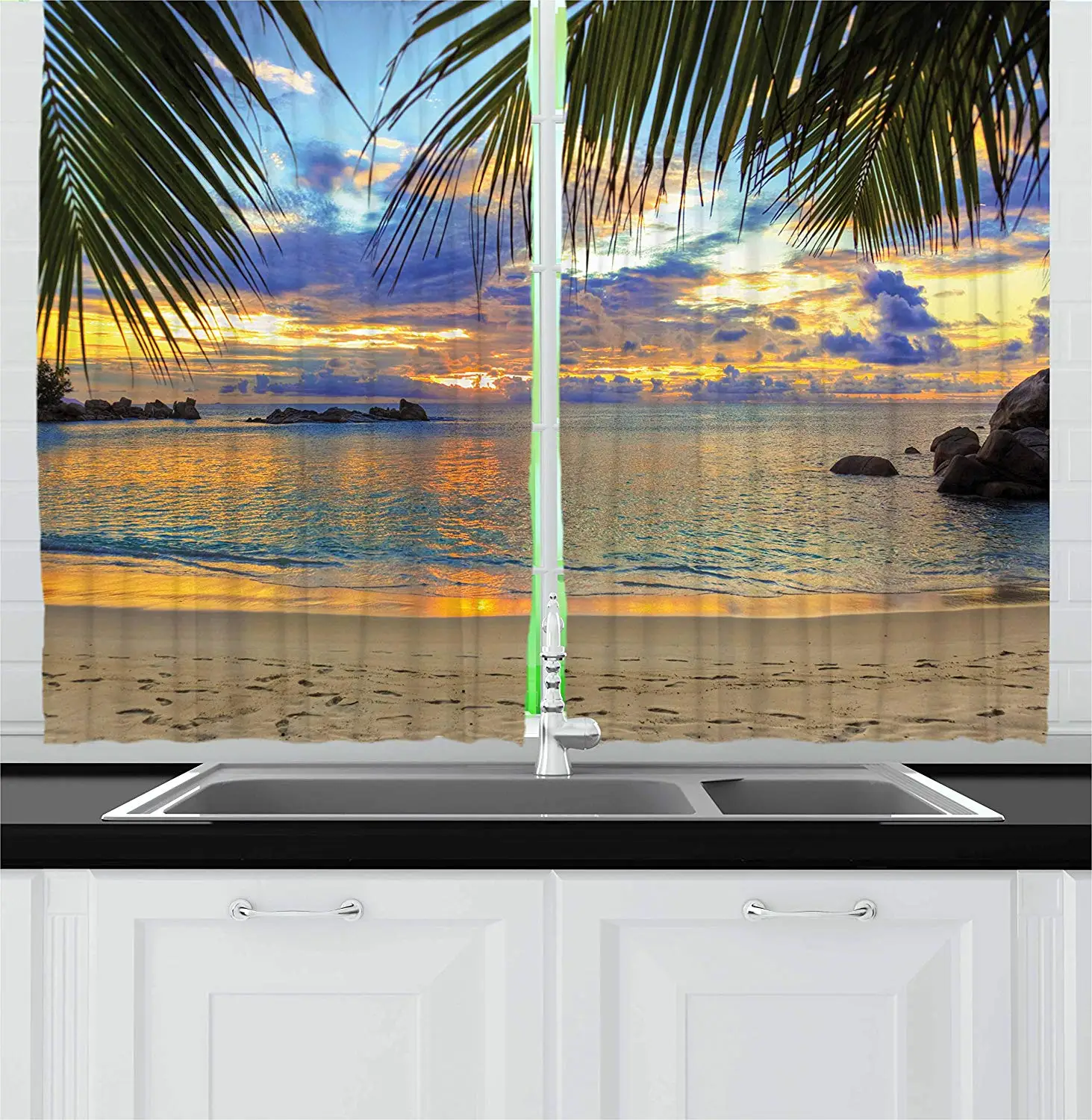 

Tropical Kitchen Curtains Exotic Beach in Sundown Hawaii Palm Trees Foliage Idyllic Summer Nature Photography Window Decor