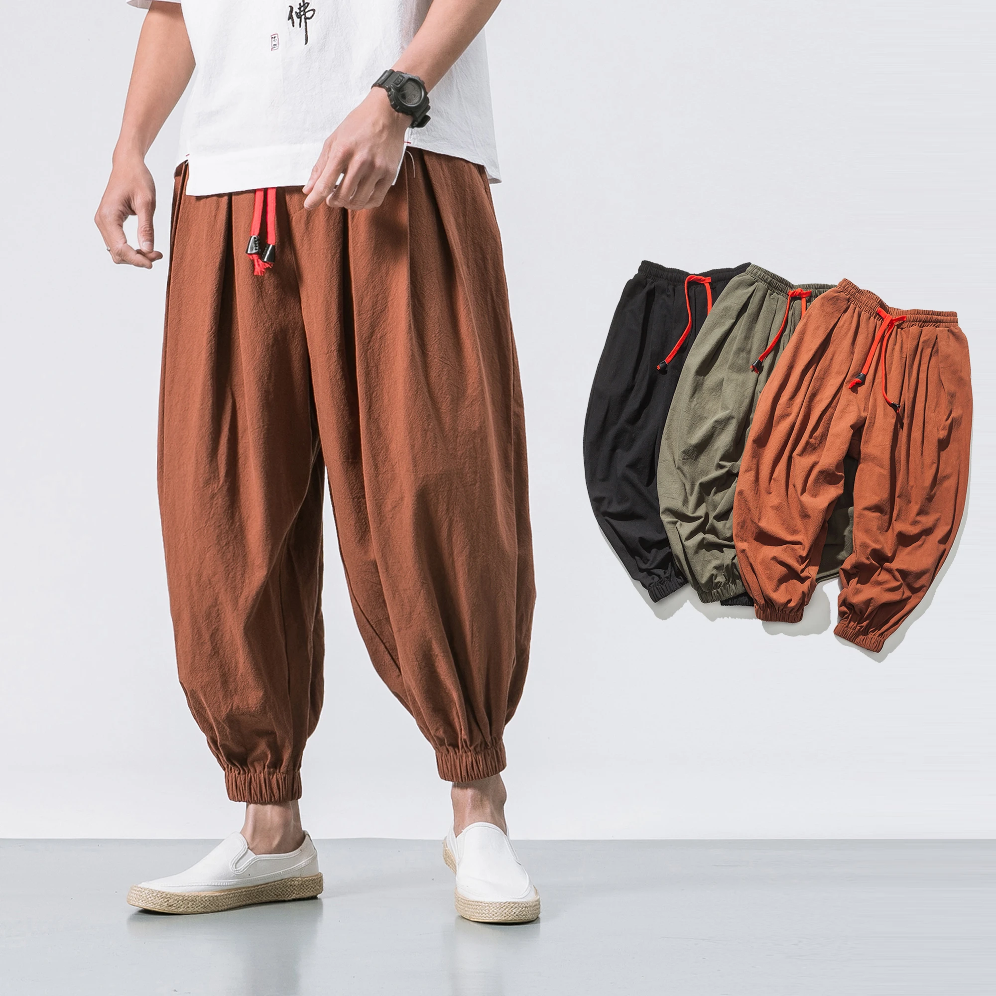 Japanese Cotton Flaxen Trousers Ankle Banded Pants Men Loose Harem ...