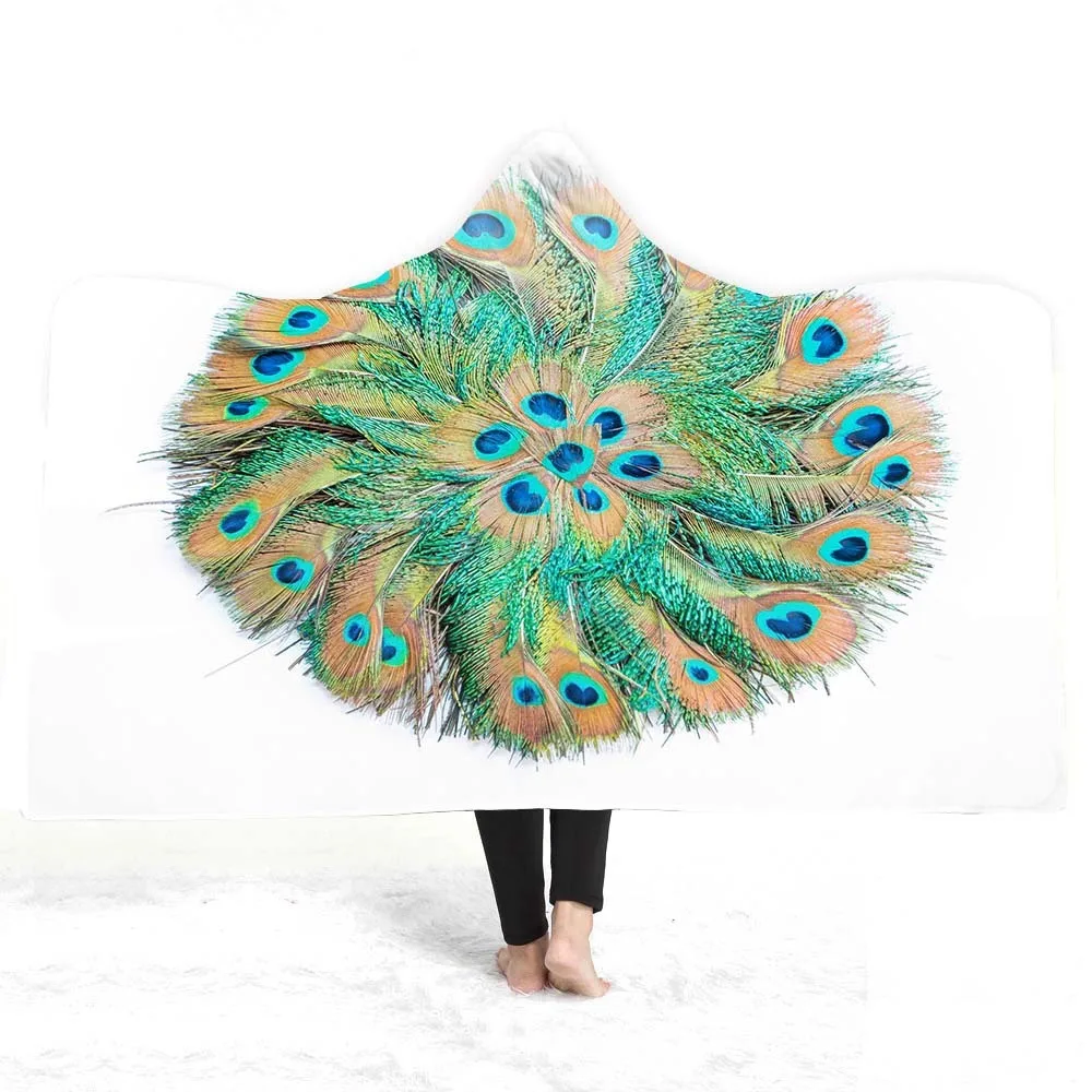 Peacock Feather Hooded Blanket Bird Sherpa Fleece Throw Blanket For