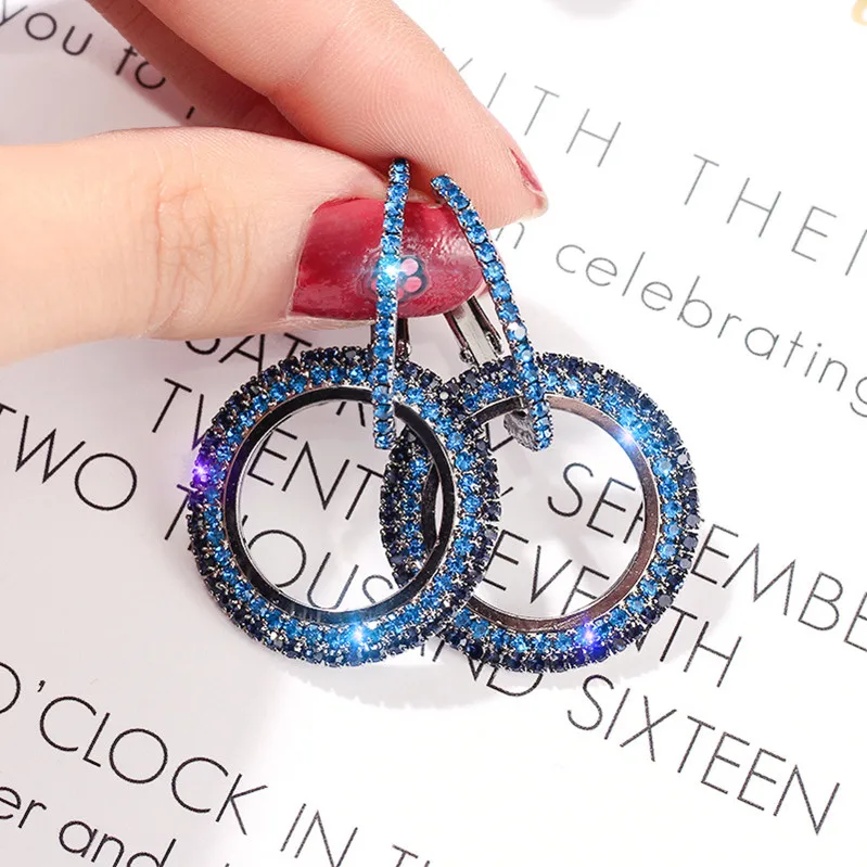 Корейская версия новых модных сережек, стразы, геометрические круглые серьги в европейском и американском стиле для женщин - Окраска металла: blue