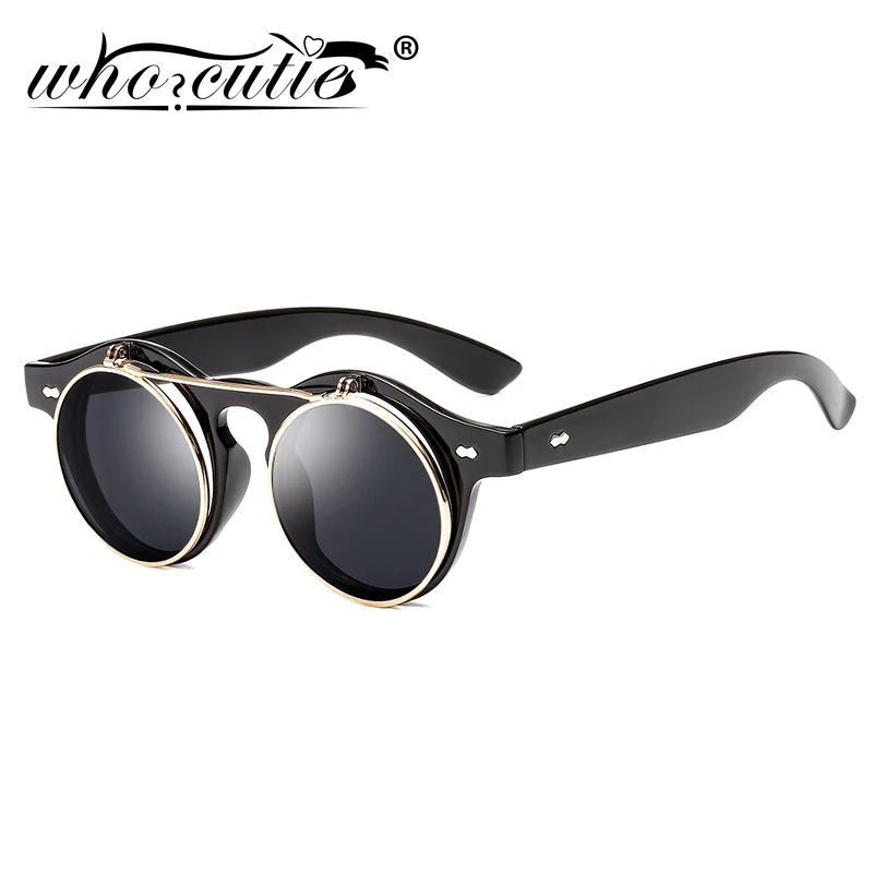 

WHO CUTIE 2019 Fashion Vintage Round Steampunk Flip Up Sunglasses Men Classic Clamshell Design Sun Glasses Clip on Oculos S005