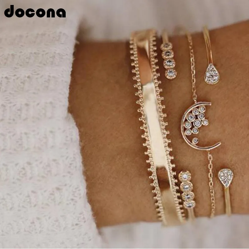 

Docona Boho Punk Gold Inlay Crystal Gem Open Chain Multistorey Bracelets For Women Charm Vintage Party Gift Jewelry C15209