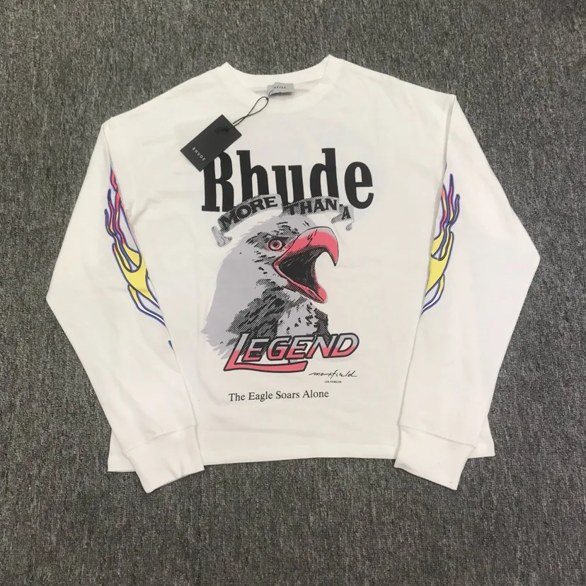 Лучшее качество Rhude X Max Eagle печатные женские мужские футболки с длинными рукавами футболки хип-хоп Уличная Мужская хлопковая футболка Rhude