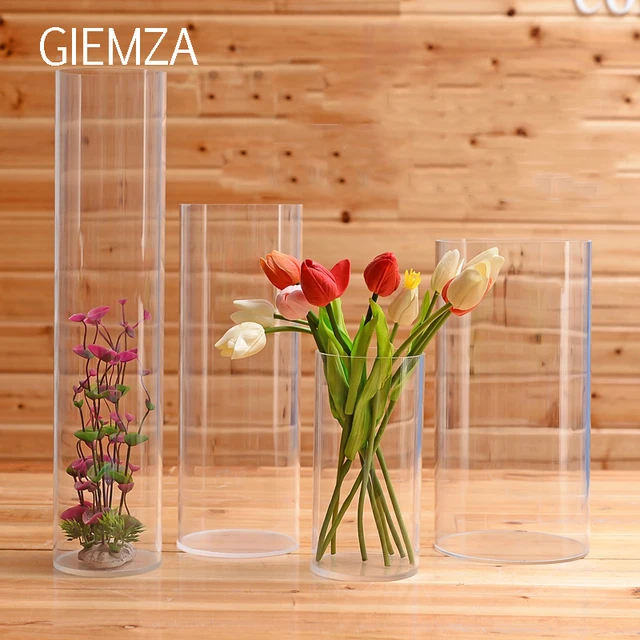 GIEMZA Clear Acrylic Vase S/M/L No Tall Acrylic Flower Vases Round Acrylic Acid Cube Jar