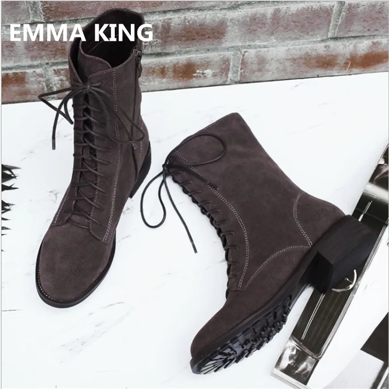 

EMMA KING Fashion Flock Lace Up Winter Short Boots Retro Cross-tied Round Toe Flat With Daily Dress Gladiator Booties Women