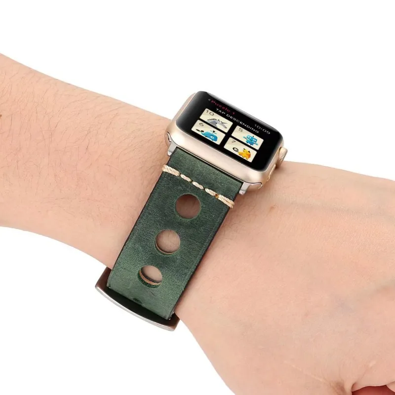 Dahase круглое отверстие Пояса из натуральной кожи ремешок для Apple Watch iwatch серии 1 2 3 на металлической пряжкой в стиле ретро Ремешок Браслет 42 мм