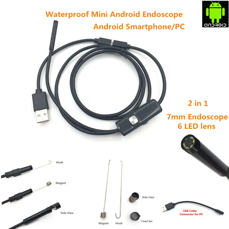 Beste Endoscoop Camera 2 in 1 USB Micro 7mm 2 m Endoscoop Waterdicht 6 LED Borescope Inspectie Camera Voor Android PC Computer