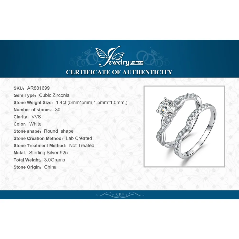 JewelryPalace Бесконечность 1.4ct Cubic Zirconia Wedding Band Solitaire Обручение кольцо свадебный 925 серебро