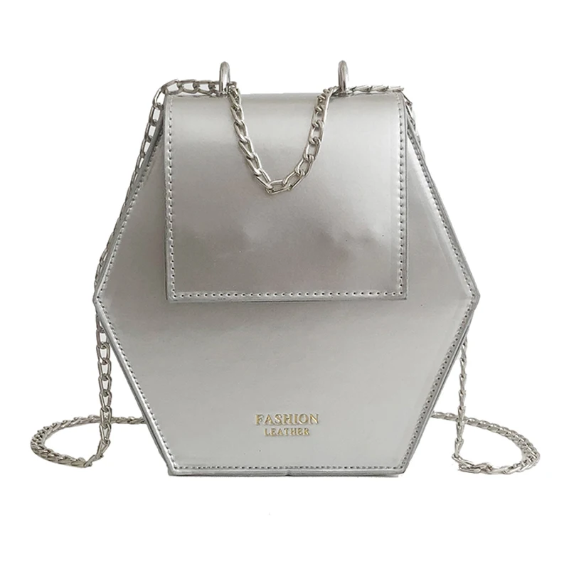 

TEXU Hexagonal Women Bag Chains Mini Handbags Leather Female Shoulder Messenger Bag Clutch Pocket Silver