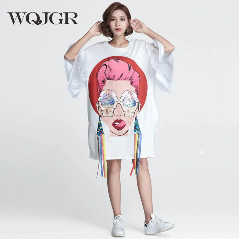 

WQJGR Tide Cartoon Beauty Printing Tassels Horn Sleeve Dress Summer Sexy Plus Size Vestido De Festa