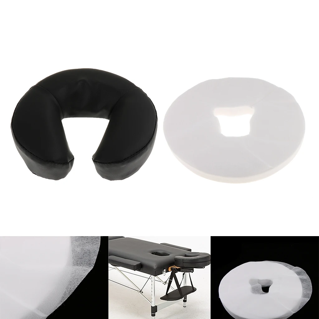 Black Washable Cover Face Cradle Cushion with 100pcs White Disposable Pads For Salon SPA Massage Table Bed