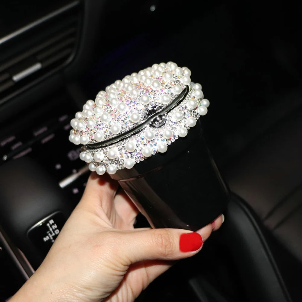 With LED Light Rhinestone Pearl Ashtray In Cup Holder Black& Silver Color For All Car