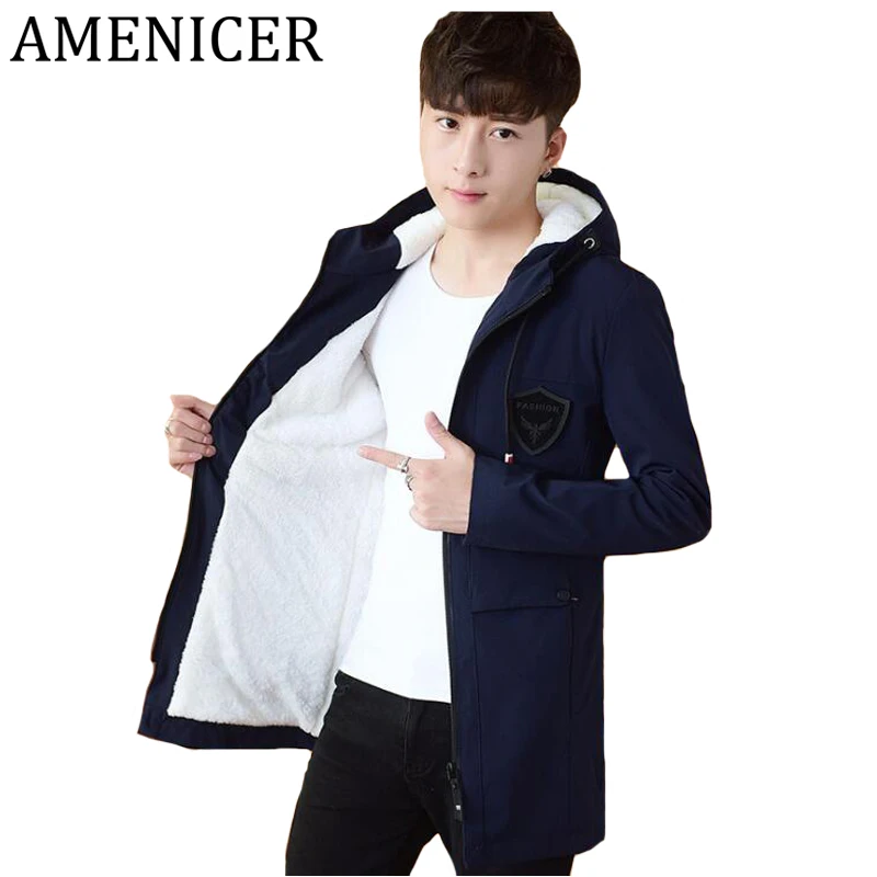 Mens Winter Warm Hooded Badge Down Stylish Jackets Button Pocket Style Parka Man Long Section Coat For Plus Velvet Thick Jacket | Мужская