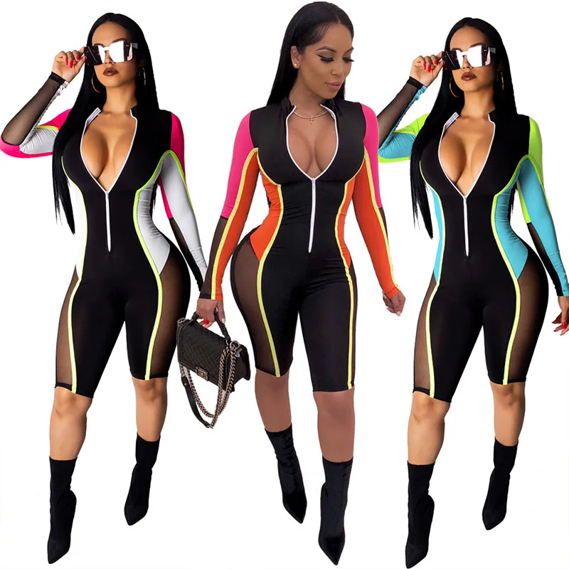 

Multi-color super large code stitching mesh straight pants five pants sexy slim ladies jumpsuit free shipping