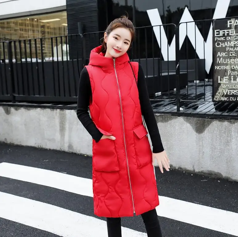 Зимние длинные жилеты для женщин, корейский Тонкий пуховый хлопковый жилет с капюшоном, куртка, Женская Толстая жилетка, верхняя одежда, женская одежда - Цвет: Красный