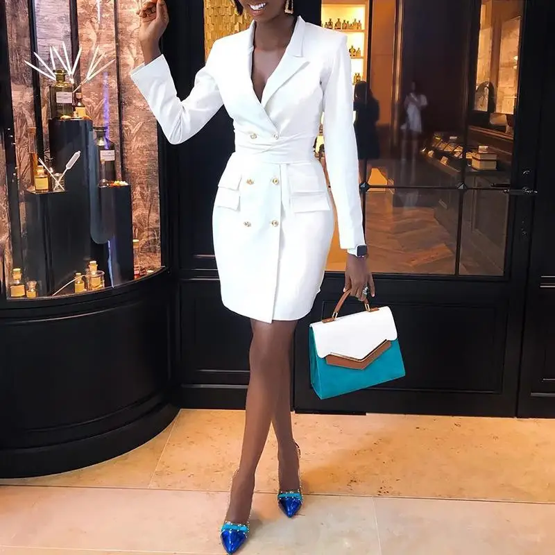 

Elegant Professional Mini Woman Suits Dress Double-breasted Blazer Jacket OL Buttons Coat Notched Cardigan Tops Womens Blazer