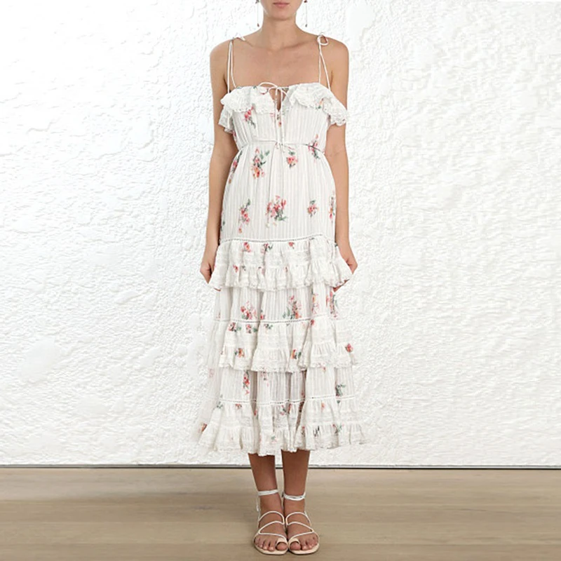 2019 Summer ZIM designer Dress Women sexy spaghetti strap Ruffles Midi Dresses Female floral print Party Holiday Cake | Женская одежда