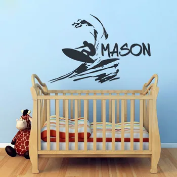 

T07036 Boys Custom Name Decal Beach Wall Sticker Vinyl Surfer Wall Decal Surfing Decals Kids Wall Stickers for Kids Rooms Decor