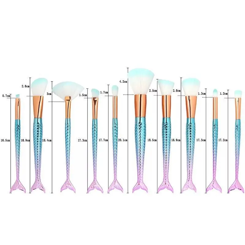 10 шт. Профессиональный набор кистей для макияжа Русалочка, пудра, румяна, брови, подводка для глаз, косметический набор кистей, инструменты высокого качества