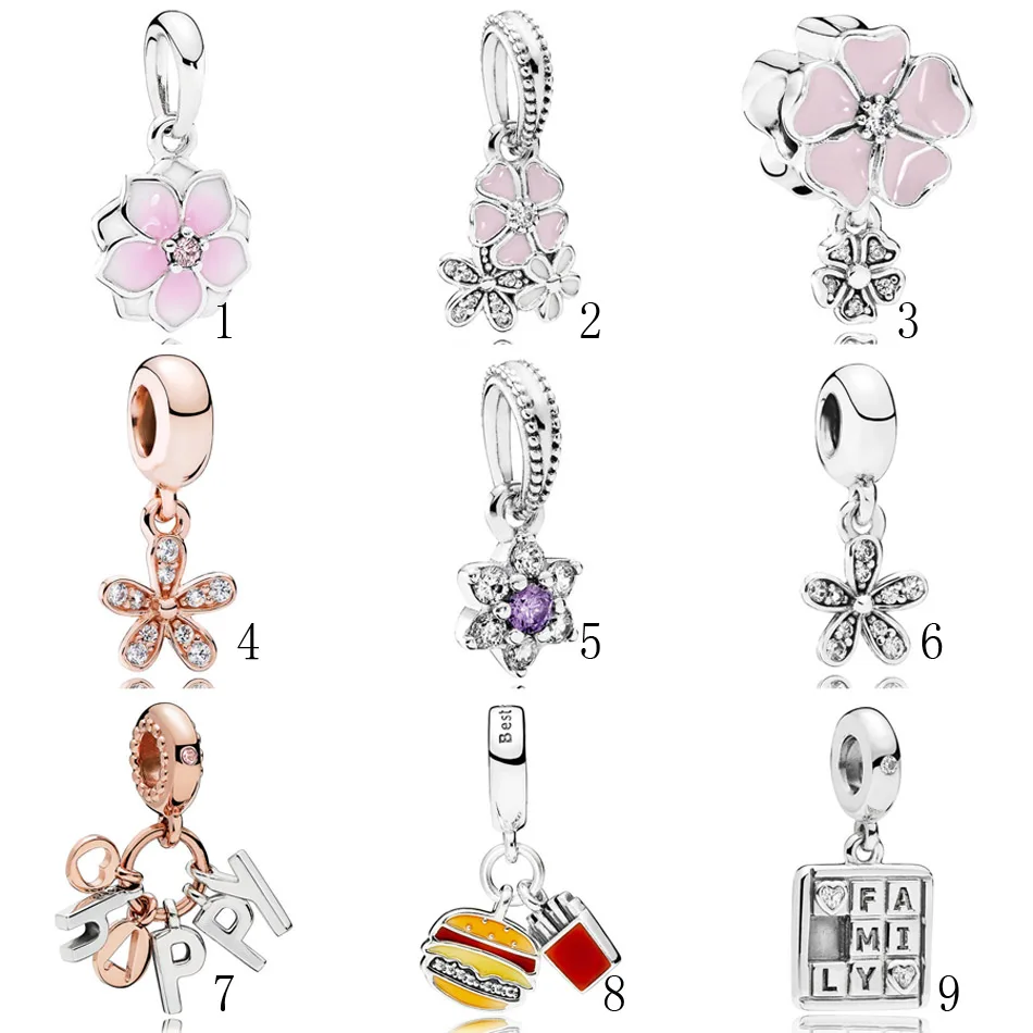 

Poetic Magnolia Daisy Happy Family Time Pendant Charm fit Pandora Bracelet Bangle Authentic 925 Silver Jewelry