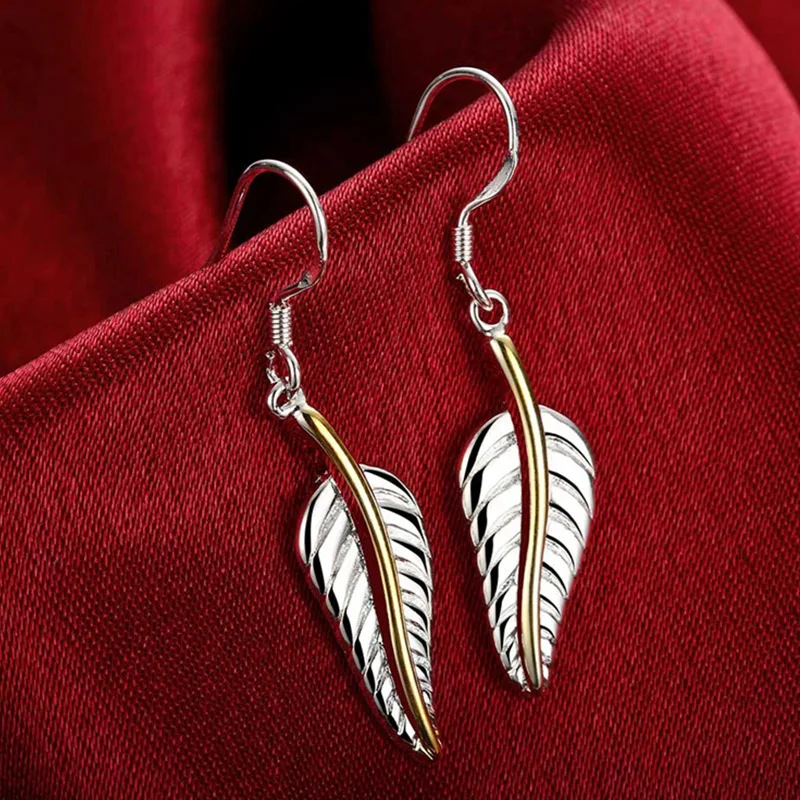 

Brand 925 Sterling Silver Leaves Leaf Big Drop Earrings For Women Fashion Lady Prevent Allergy Jewelry