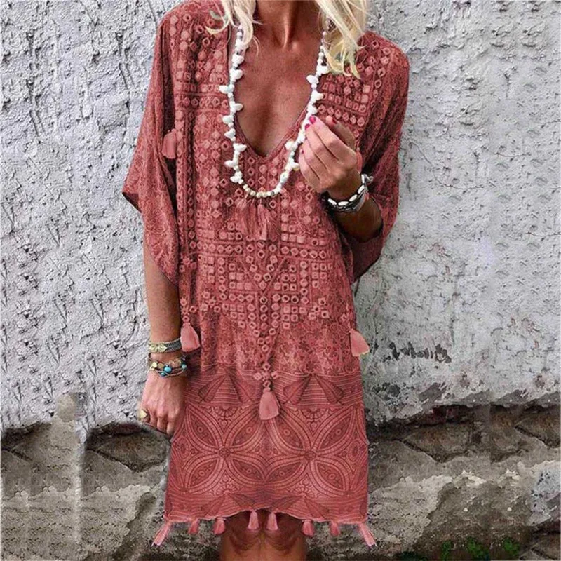 

Summer Beach Style Tassel Dress Women Short Sleeve Boho Casual Loose Floral Kaftan Maxi Dress Ladies Midi Dress