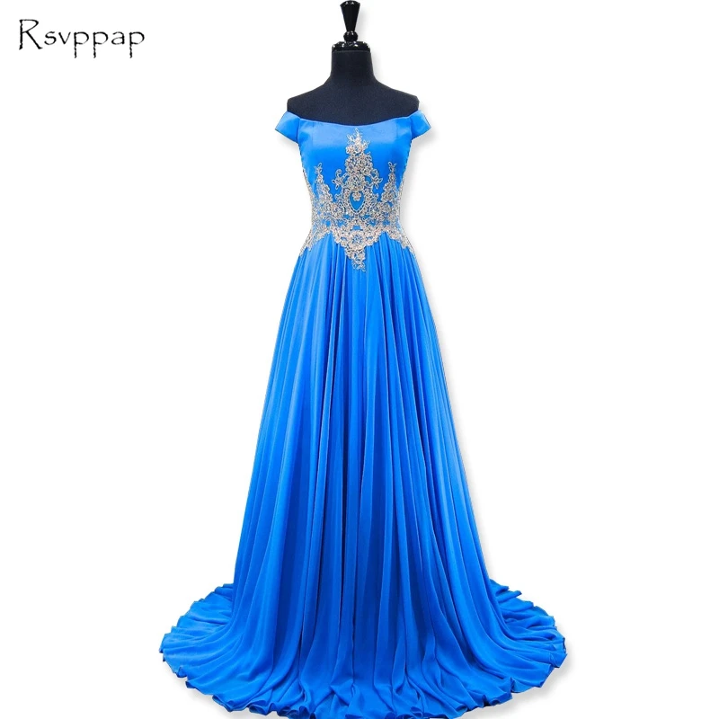 

Long Elegant Prom Dresses 2020 New Arrival Cap Sleeve Gold Beaded Lace Floor Length African Party Blue Chiffon Prom Dress