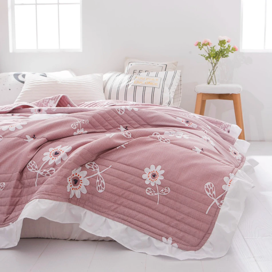 Pink Floral Quilt 1pc Polyester Summer Blanket Single Bed Quilt