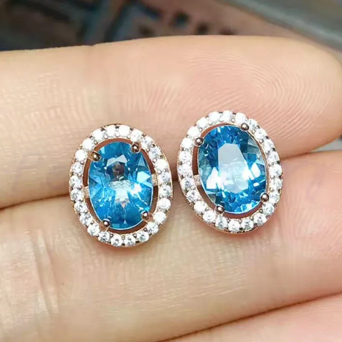 Серьги-гвоздики с голубым топазом натуральный голубой топаз 2.5ct* 2шт драгоценный камень 925 серебро для мужчин или женщин# T16022950