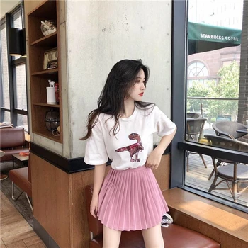 

2019 Ladies two-piece suit] summer new short skirt suit female embroidery sequined shirt + student pleated skirt