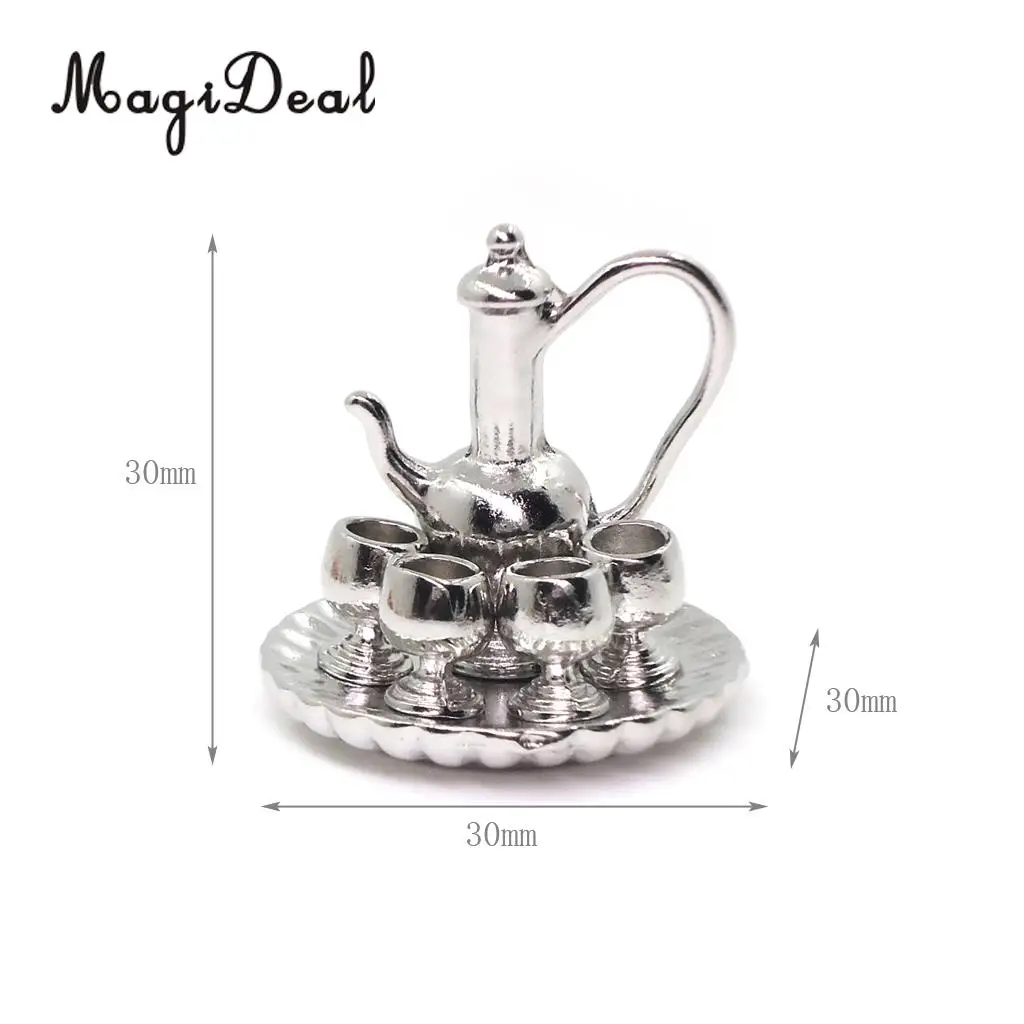 6Pcs 1:12 Dollhouse Miniature Silver Metal Tea Coffee Milk Set with Tray for Dolls Living Room Table Tableware Furniture Decor