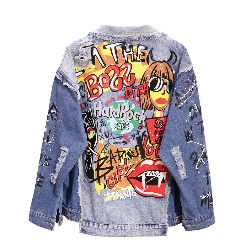 

America Youth Lady Spring Autumn Street Wear Ripped Graffiti Blue Denim Jacket Cowgirl Loose Bomber Jacket Tops Coat New
