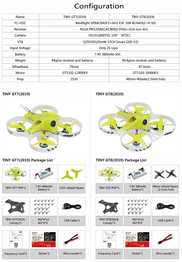 Обновленный гоночный Дрон LDARC TINY GT7 75 мм/GT8 87,6 мм Mini FPV RC Betaflight F3 10A Blheli_S 800TVL Cam 5,8G 25mW VTX 2S PNP BNF