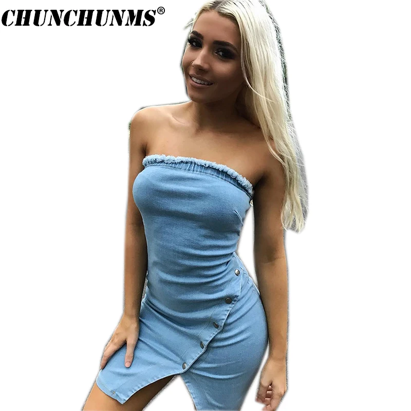 

2018 Sexy Shoulder Off Women Denim Dresses Fashion Strapless Pack Hip Party Vestidos Robes Button Split Sheath Jeans Dress D29