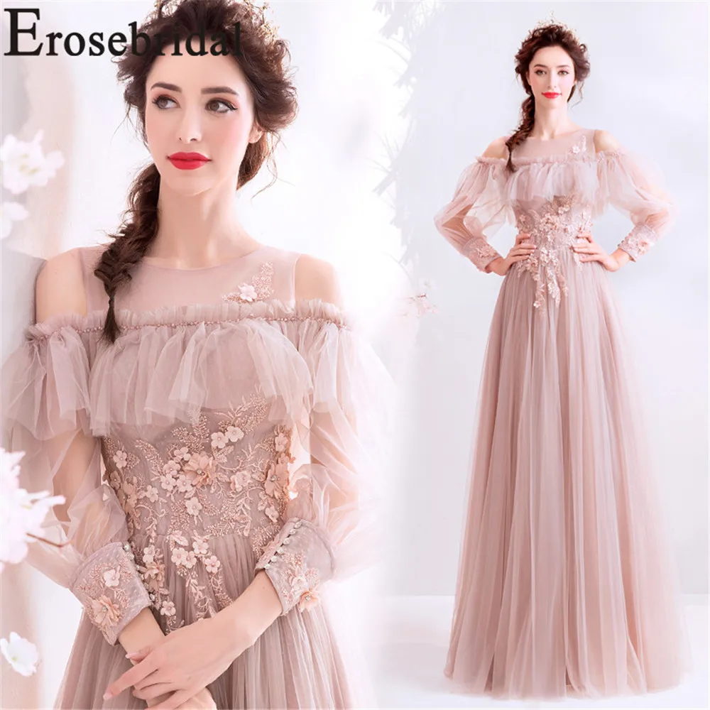 

Erosrbridal Long Sleeve Prom Dress Lace Formal Evening Party Gown with Lace Up Back 3D Handmade Flower