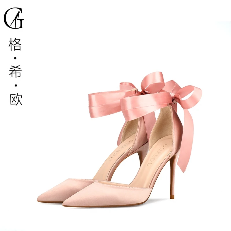 

women heel shoes high New style of summer hollow silks and satins pointed thin heel sandals small fresh high heels with straps