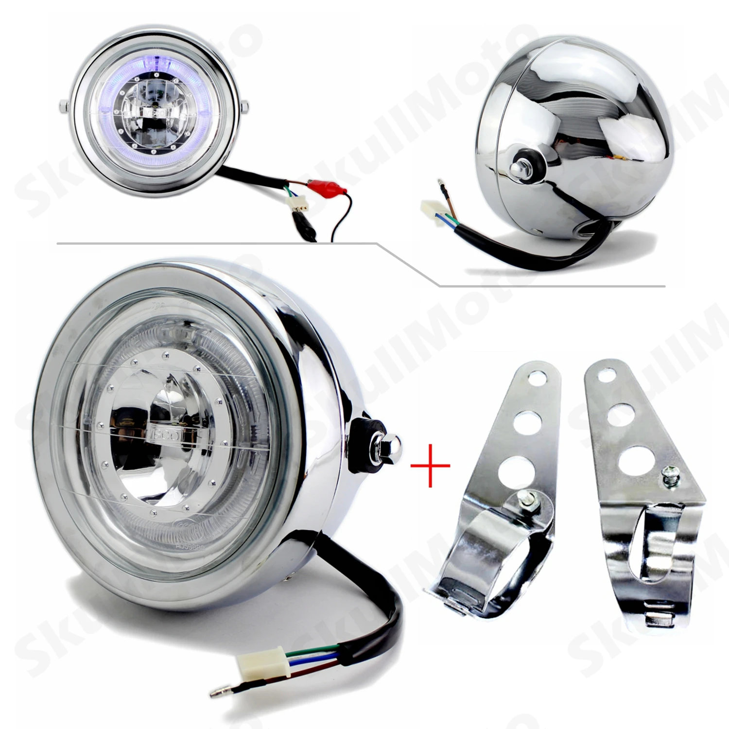 

Chrome LED 6.5" Motorcycle Headlight HALO Ring Angel Eye Headlight with Bracket For Harley Honda Yamaha Kawasaki Bobber Led Moto