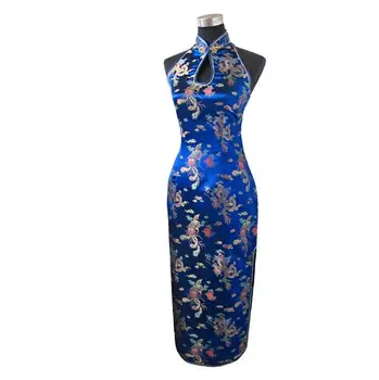 

Vintage Navy Blue Chinese Women Satin Qipao Backless Long Silk Cheongsam Novelty Dragon&Phenix Dress S M L XL XXL XXXL WC026