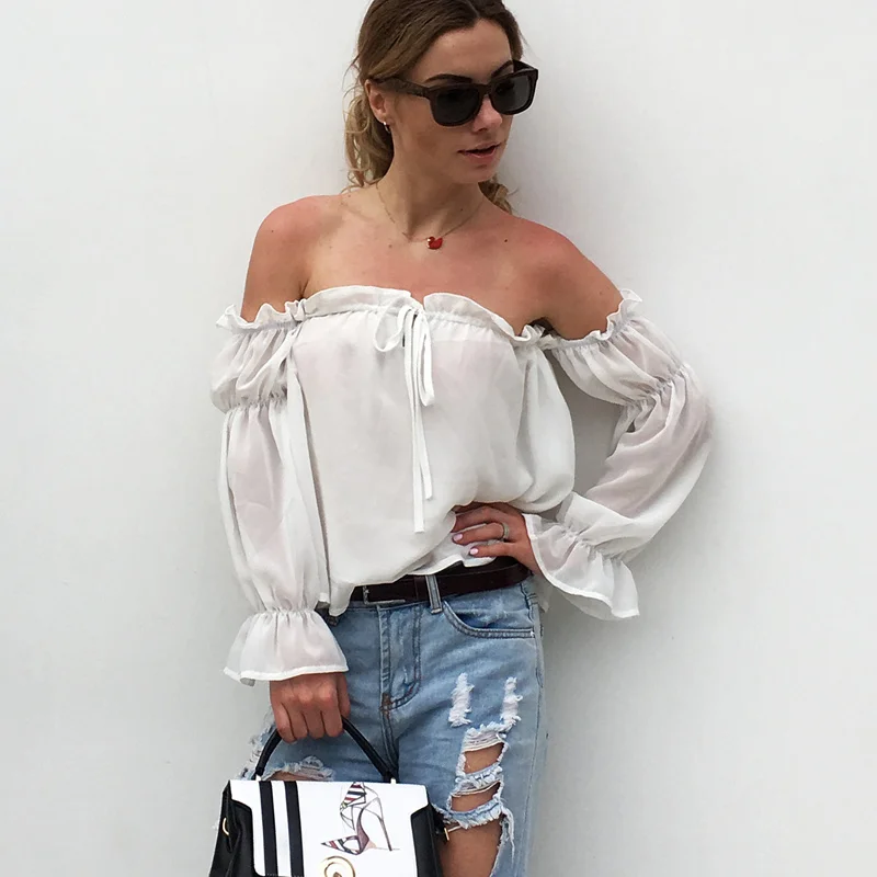 Cena Sexy Slash Neck Off Shoulder Top Szyfonowa Bluzka Jesień Kobiety Bluzki 2018 Długim Rękawem Latarnia Rękawem Ruffles Kr oacute;tkie Topy Biały