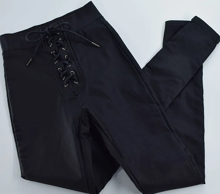 Зимние женские брюки из искусственной кожи на шнуровке, обтягивающие брюки с высокой талией размера плюс, уличные брюки в стиле панк-рок, Стрейчевые брюки-карандаш
