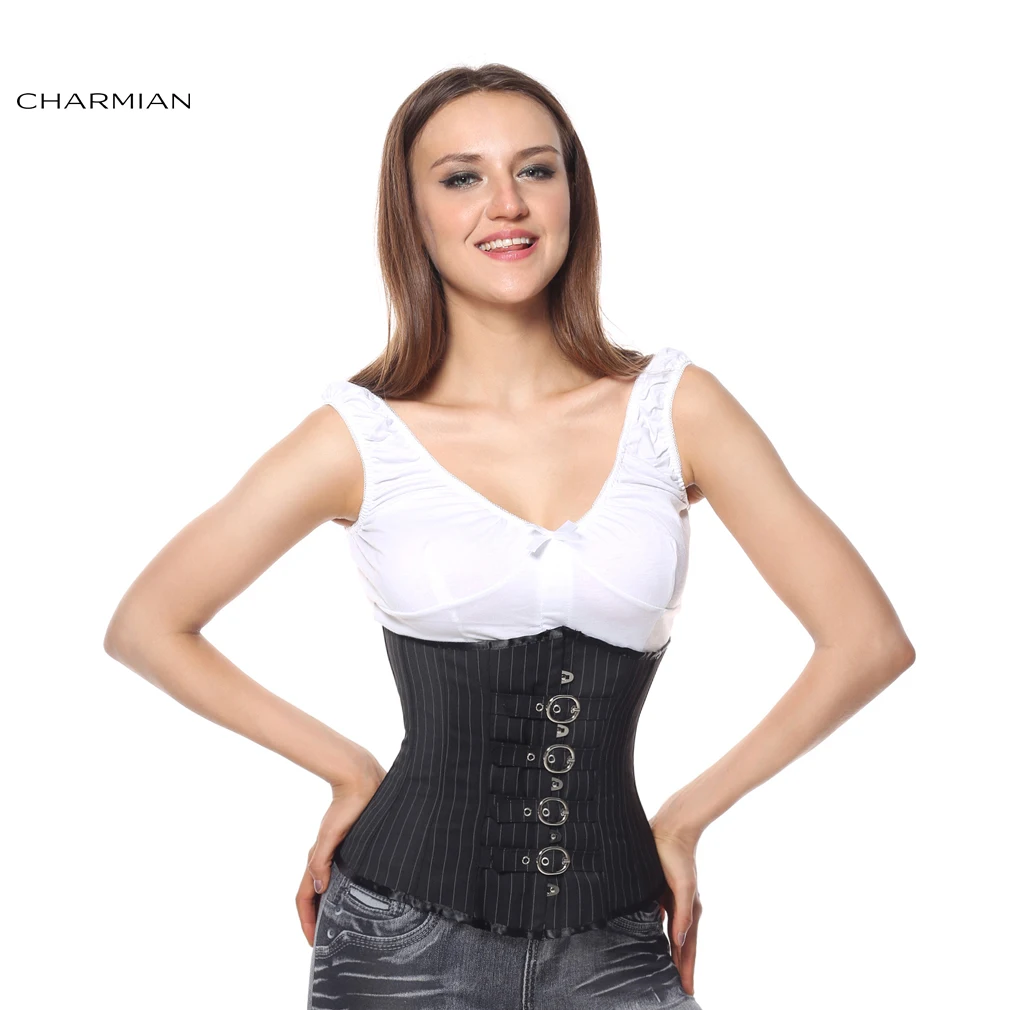 Женский корсет в стиле стимпанк Charmian Черный полоску на косточках и бюстье