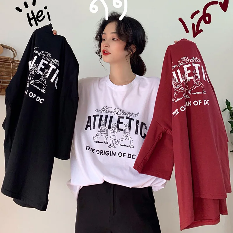 

2019 Summer Letter Printed T-shirts Women long Tops Korean harajuku Loose t shirt O-Neck Short Sleeve Casual Ulzzang Lady Tees