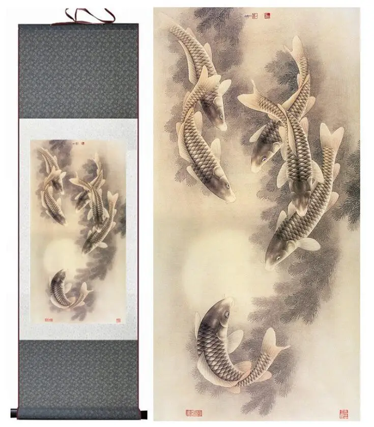 

Fish painting Silk scroll paintings traditional art Chinese painting Fish picturePrinted painting