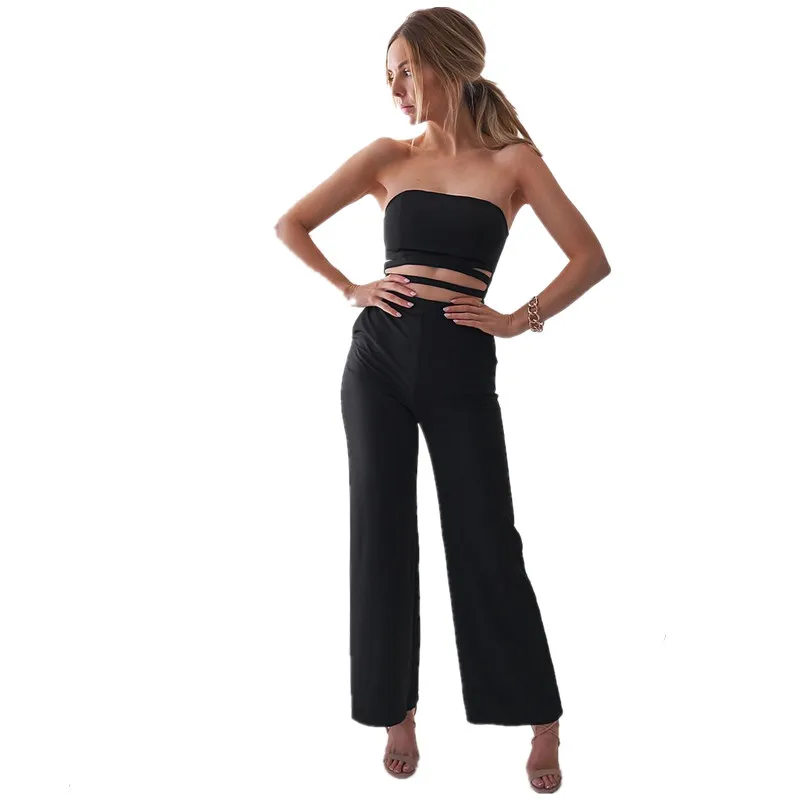 

2019 New Women Summer Sleeveless Sexy Jumpsuits Black Red Hollow Out Strapless Rompers Beach Casual Female Wide Leg Jumpsuits